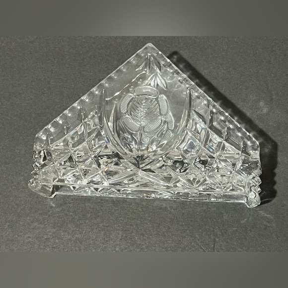 Vintage Crystal Triangle Napkin Holder Rose & Waffle Pattern Crimped Edge Design - Picture 6 of 12